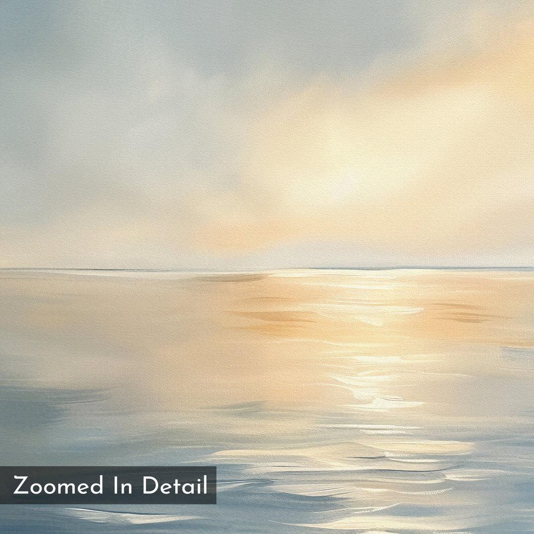 The Luminous Calm Canvas Art - Square depicts tranquil water mirroring sunlight beneath a gentle, cloudy sky. Coastal warm and cool tones blend seamlessly. “Zoomed In Detail” is shown in white on a dark rectangle at the bottom left.