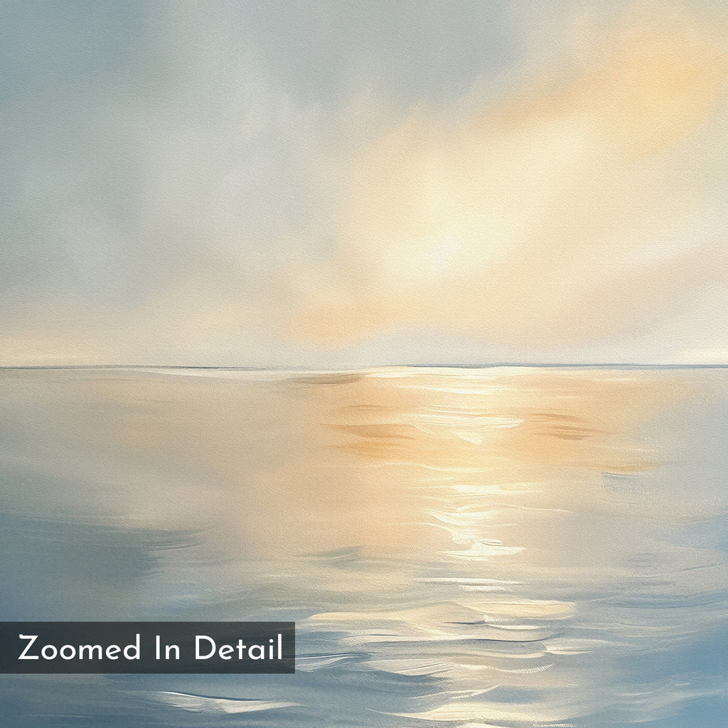 A soft, serene painting of a calm sea at sunrise or sunset, in coastal hues with gentle clouds; “Zoomed In Detail” text appears in the corner. Product: Luminous Calm Canvas Art - Vertical.