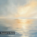 A soft, serene painting of a calm sea at sunrise or sunset, in coastal hues with gentle clouds; “Zoomed In Detail” text appears in the corner. Product: Luminous Calm Canvas Art - Vertical.