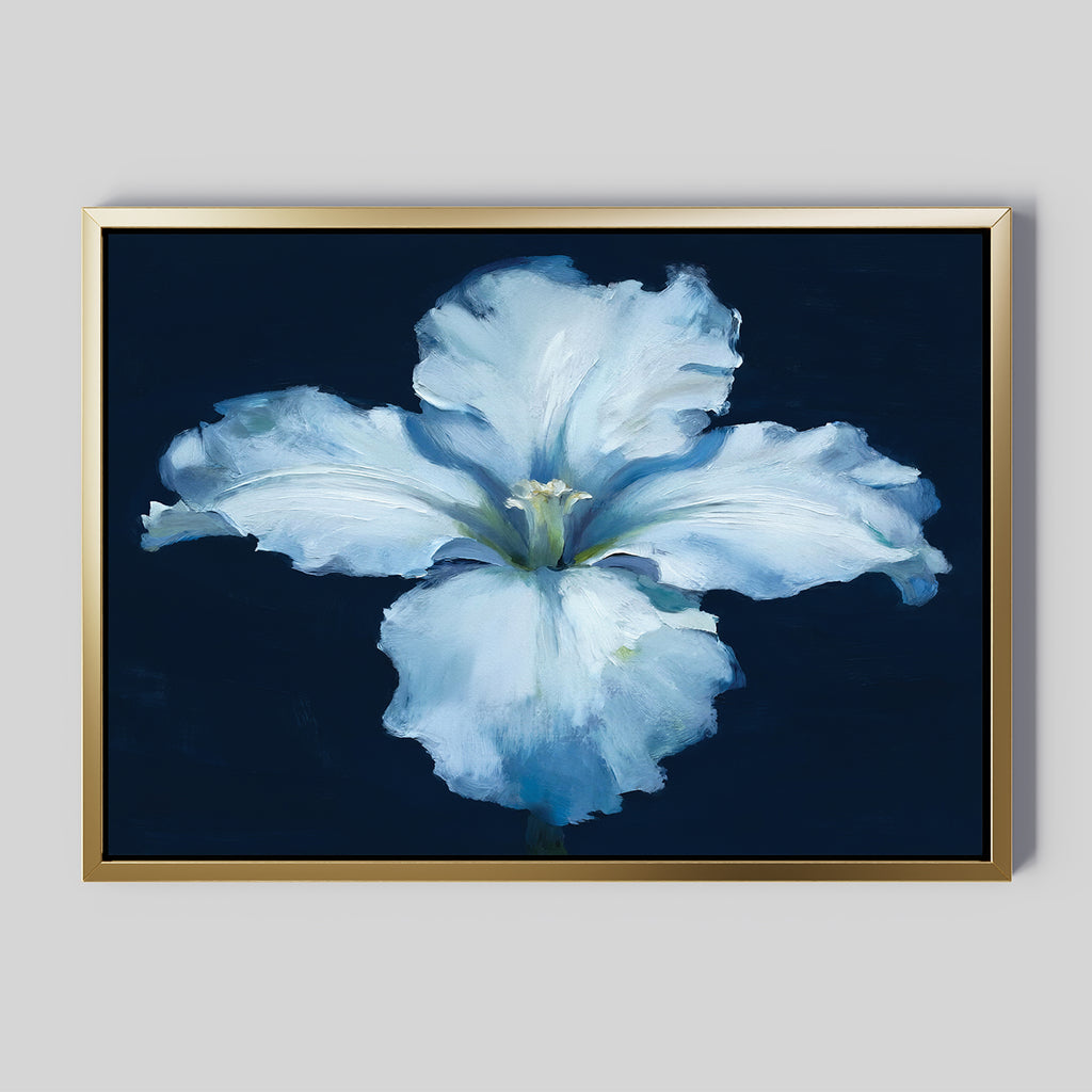 The Luminous Iris Canvas Art - Horizontal features a luminous iris with soft blue tones and ruffled petals on a dark navy background, framed in elegant gold to add a sophisticated touch to any space.
