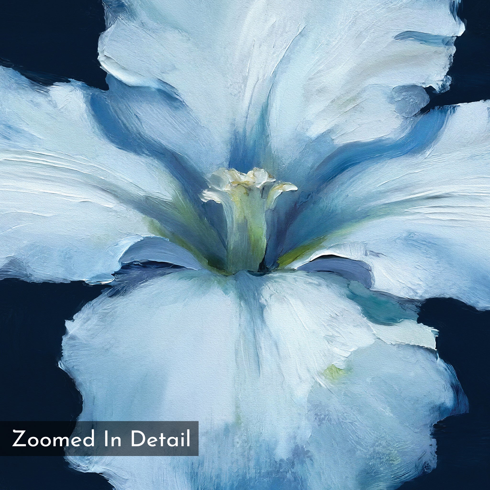 A close-up of a luminous iris painted in oils with textured brushstrokes and a dark blue background. Labeled "Luminous Iris Canvas Art - Horizontal"—ideal as elegant wall decor or a canvas print.