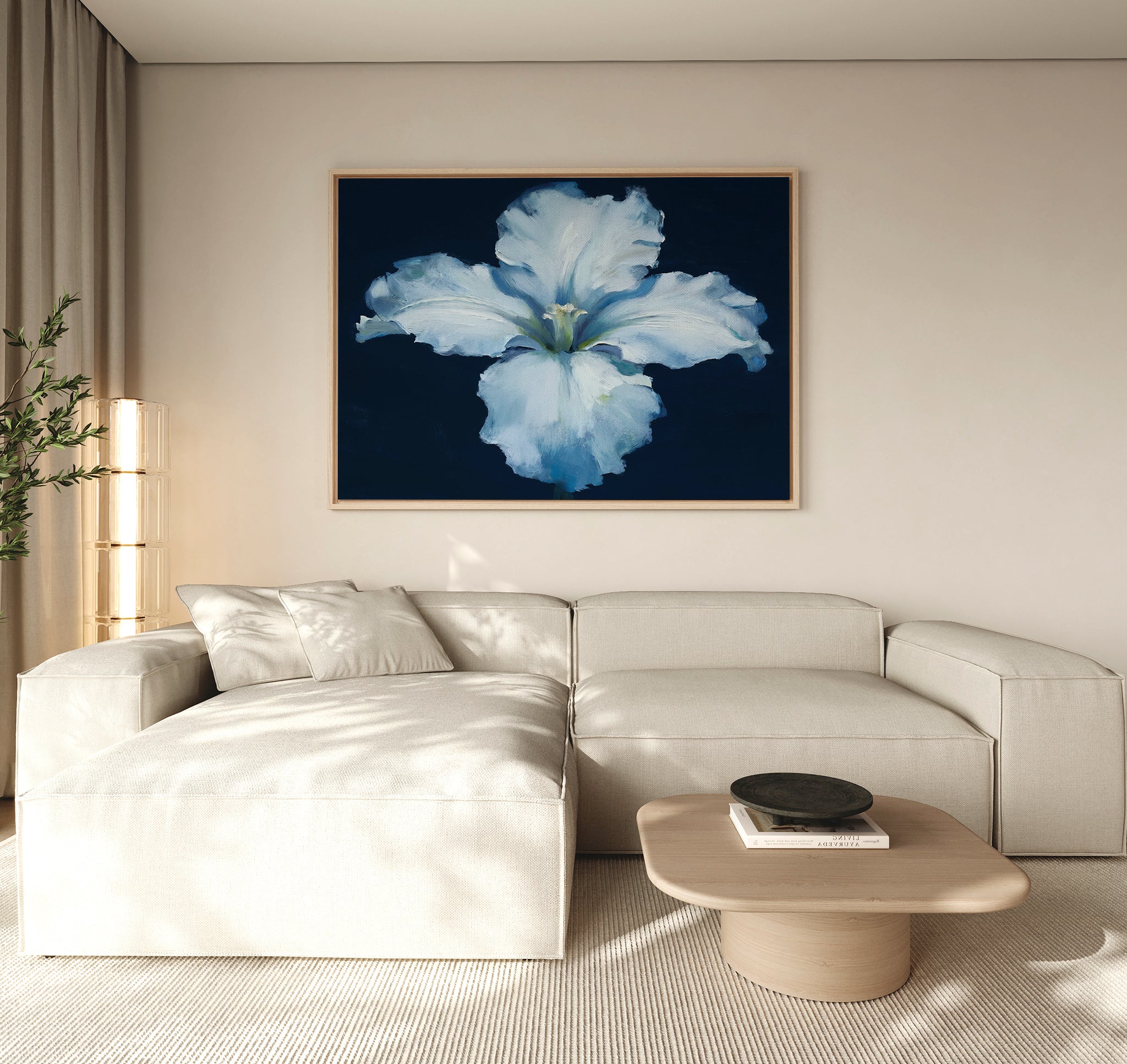 A modern living room features a beige sectional sofa, a light wood coffee table, and the Luminous Iris Canvas Art - Horizontal as striking wall art above the sofa. Neutral tones and minimalist décor enhance the serene ambiance.