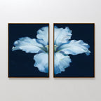 The Luminous Iris - Set of 2 features two framed canvas prints that together form a radiant iris with soft petals on a dark blue background, ideal for adding cohesion to any Nordic Park-inspired decor.