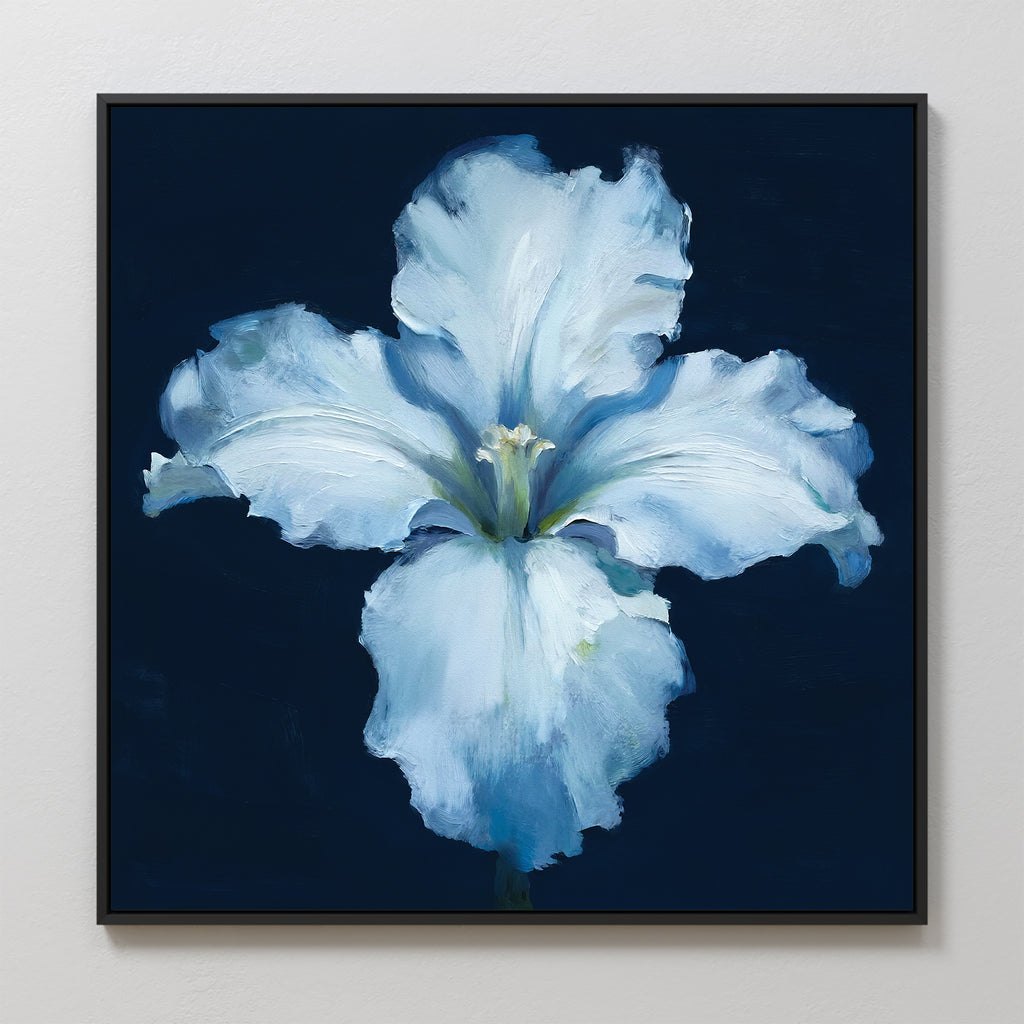 The Luminous Iris Canvas Art - Square features glowing white and blue petals on a dark blue background, adding Nordic Park elegance to any light-colored wall.