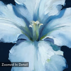 A close-up of a luminous iris painted in impressionistic style with soft blue, white petals, and green accents. "Zoomed In Detail" is in the lower left corner of the elegant Luminous Iris Canvas Art - Square.