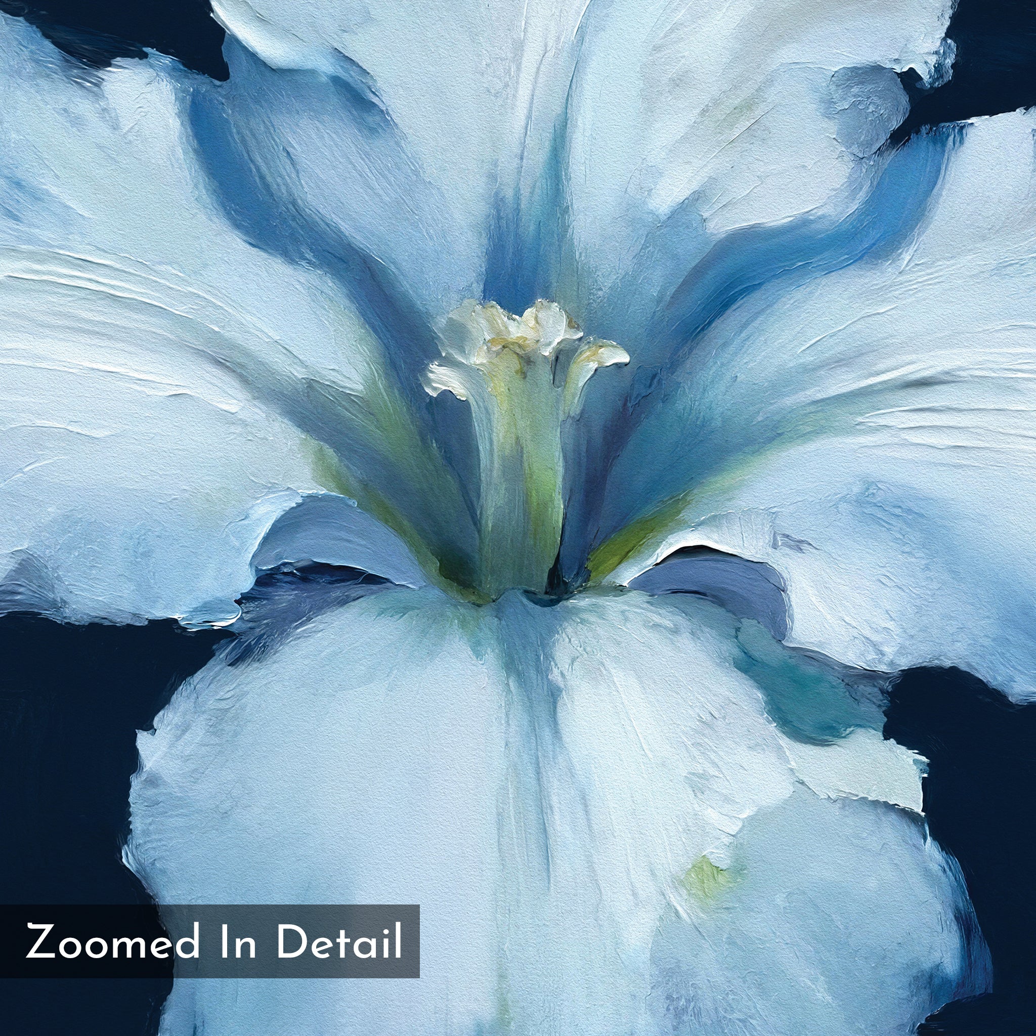 A close-up of a luminous iris painted in impressionistic style with soft blue, white petals, and green accents. "Zoomed In Detail" is in the lower left corner of the elegant Luminous Iris Canvas Art - Square.