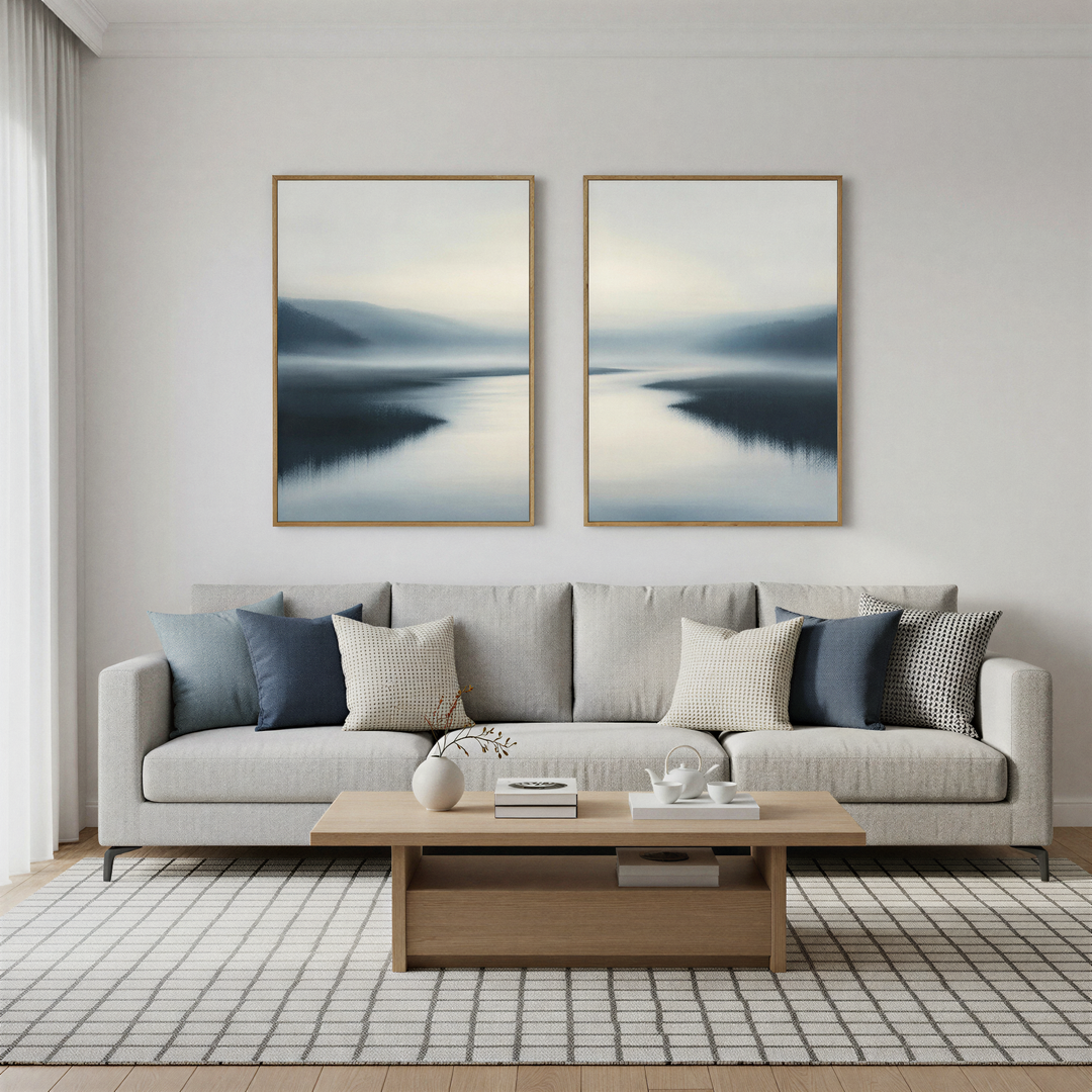 A modern living room with a light gray sofa, blue and beige pillows, a wooden coffee table, and the "Peaceful Waters Set of 2" calming landscape wall art of misty mountains and water hanging above the sofa on a white wall.
