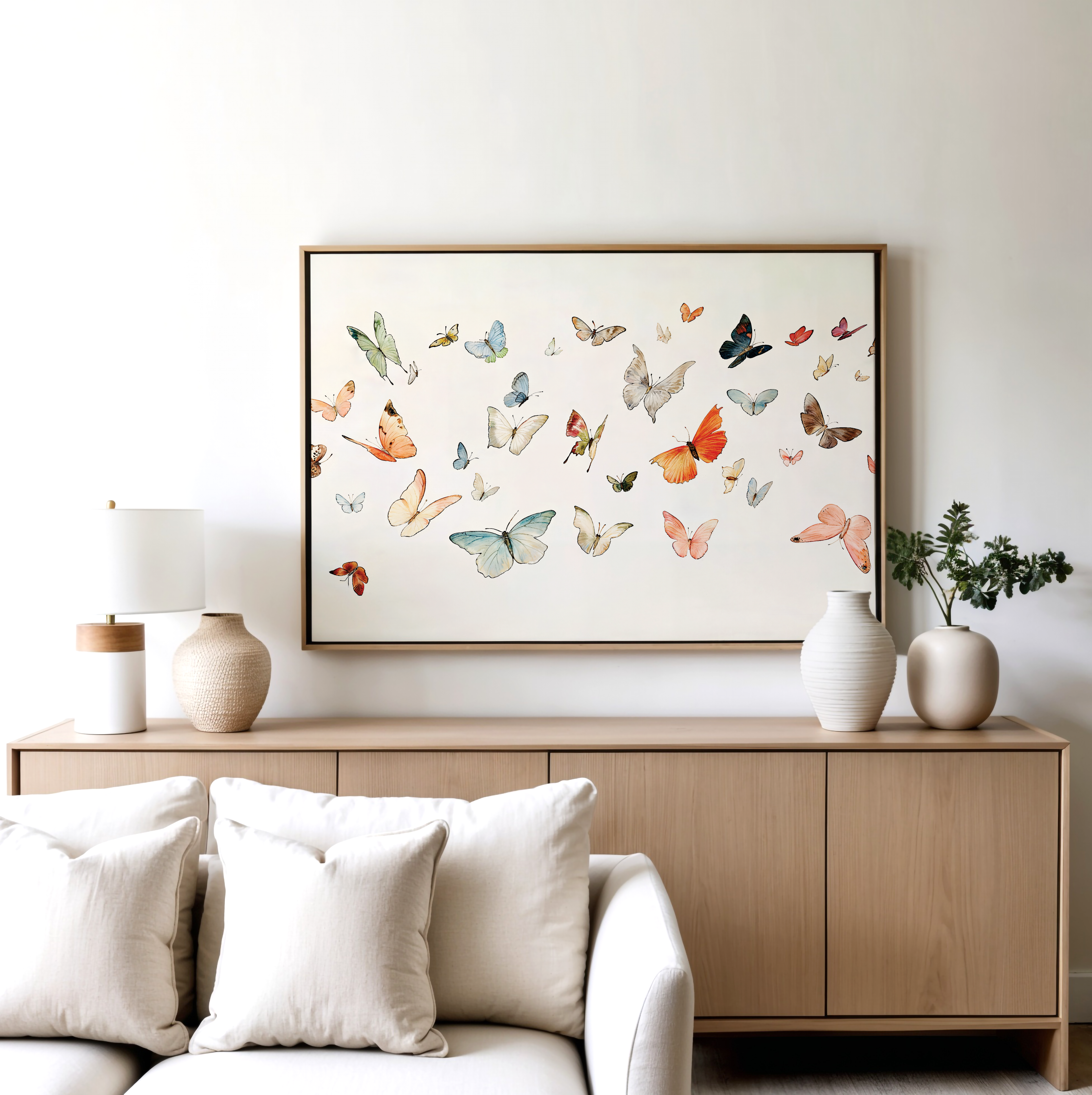 A modern living room featuring a light wood sideboard, white vases, a table lamp, and the Fluttering Dreams Abstract Canvas Art above a white sofa with neutral pillows creates striking minimalist wall decor.