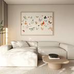 A modern living room with a light beige sectional sofa, wooden coffee table, and the Fluttering Dreams Abstract Canvas Art above the sofa. Soft natural light enhances the minimalist decor and colorful details in the space.