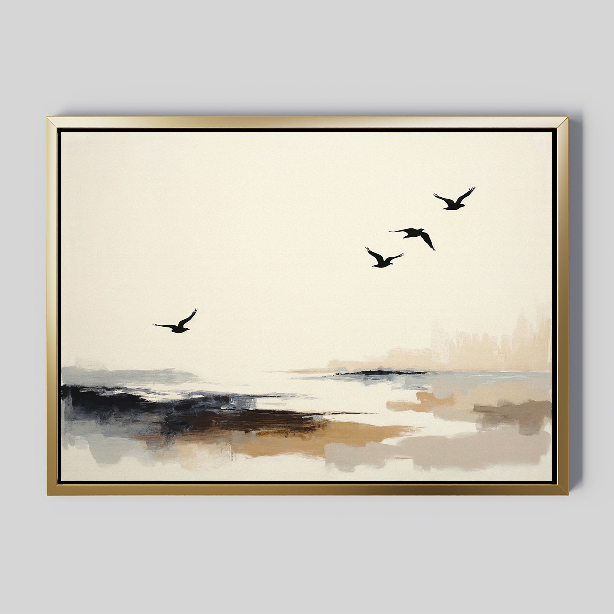 Maritime Flight Canvas Art - Horizontal: A minimalist coastal piece with five birds soaring above an abstract seascape in muted beige, black, and blue tones, framed in gold and set against a light gray background.