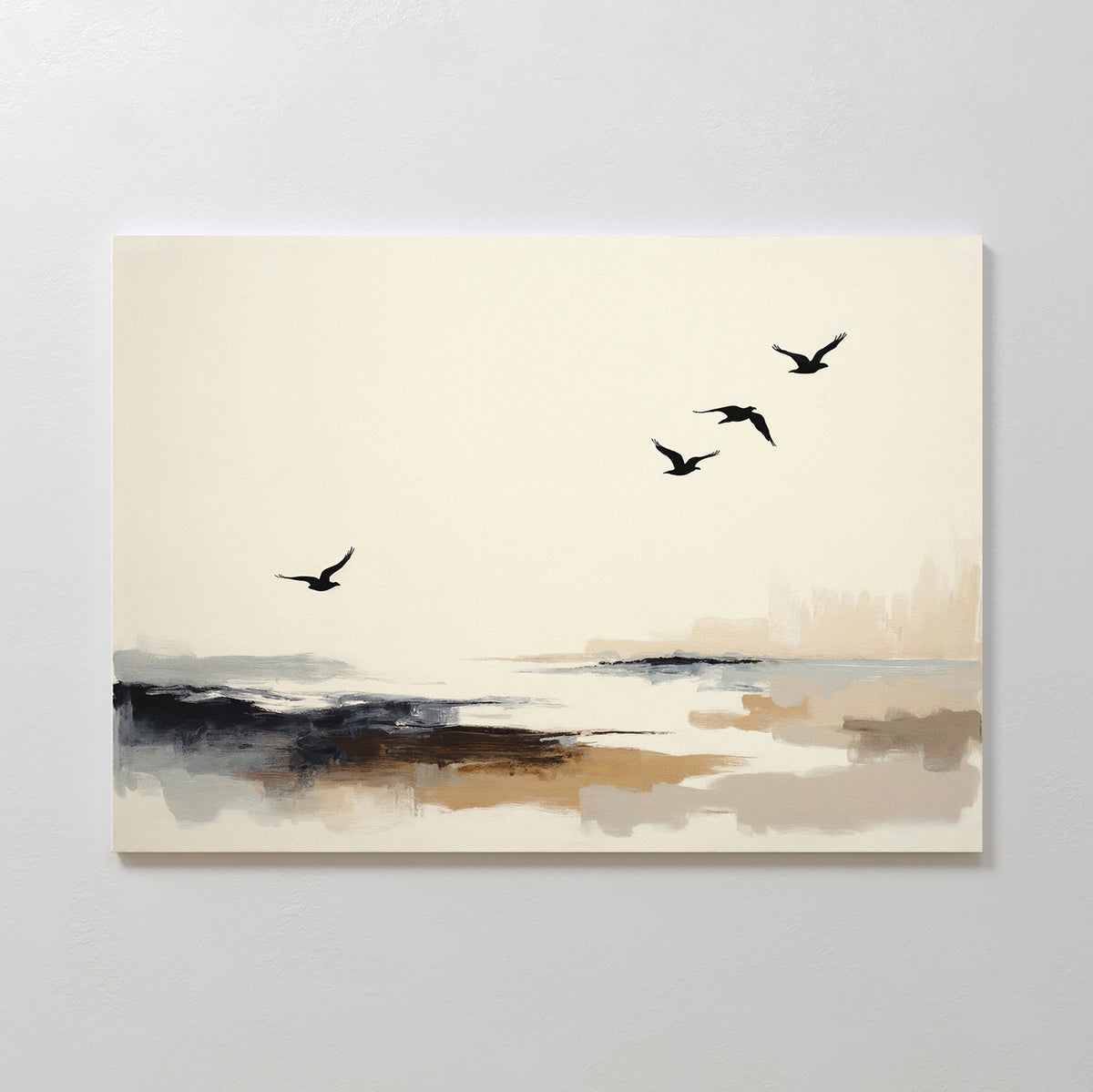 Maritime Flight Canvas Art - Horizontal features a minimalist seascape in beige, gray, and brown with four black birds soaring above abstract land and water under a hazy sky—ideal nautical wall art for serene spaces.