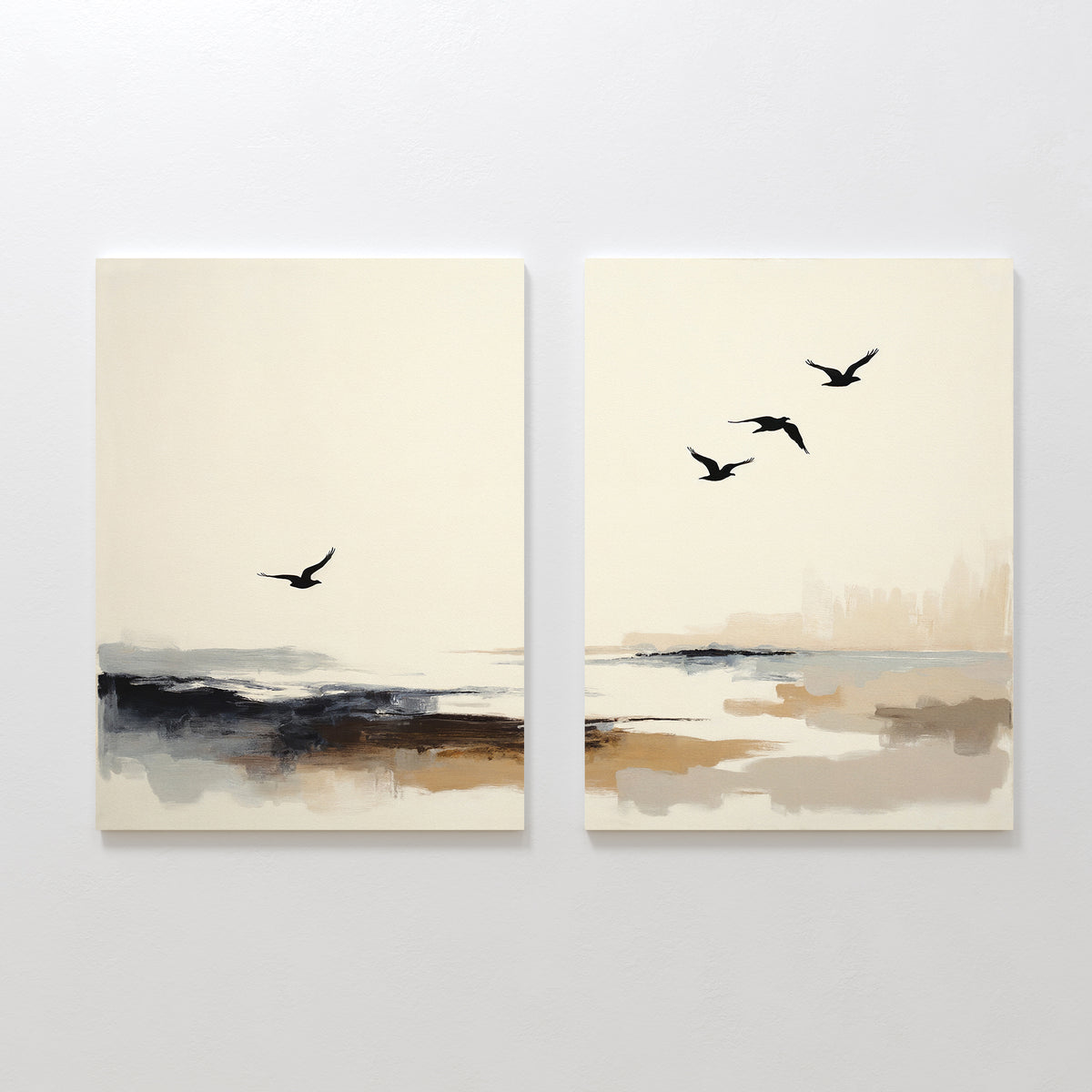 The Maritime Flight - Set Of 2 features minimalist paintings of birds soaring above an abstract coastal landscape in neutral beige, brown, and black tones, creating a serene seascape with a soft, tranquil vibe.