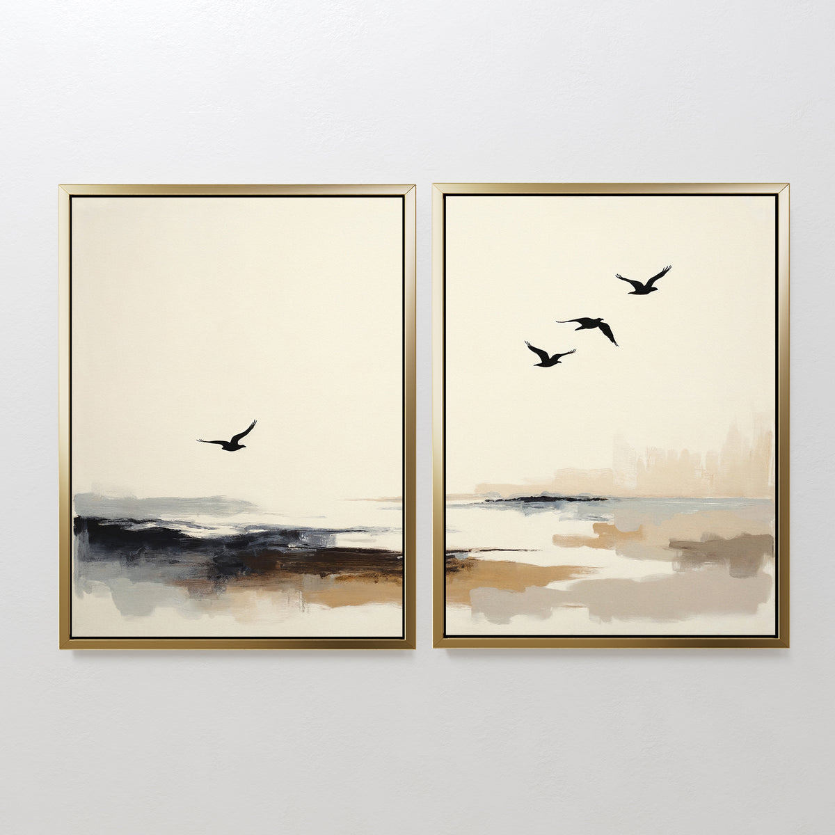 The Maritime Flight - Set Of 2 includes abstract framed prints with soft beige and brown seascapes accented by bold brushstrokes and flying birds, bringing calm, minimalist coastal vibes to your space.