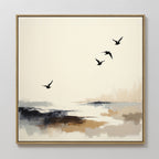 The Maritime Flight Canvas Art - Square features four black birds soaring above a misty, earthy-toned landscape, creating a serene seascape print ideal for complementing coastal wall art and nautical decor.