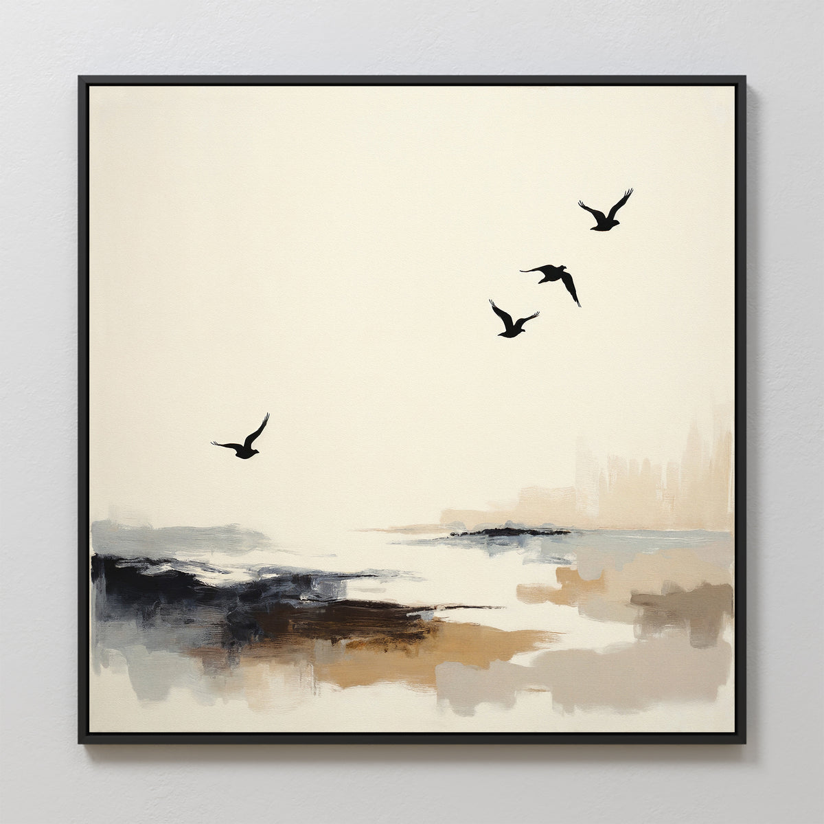 The Maritime Flight Canvas Art - Square features four birds soaring over an abstract landscape in soft beige, brown, and black tones, framed in black and displayed on a light-colored wall.