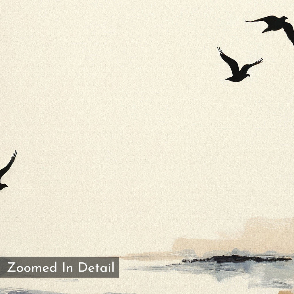 The Maritime Flight Canvas Art - Square features four black birds soaring above a soft watercolor seascape in muted earth tones. With an empty background and "Zoomed In Detail" label at the lower left, it's ideal coastal wall decor.