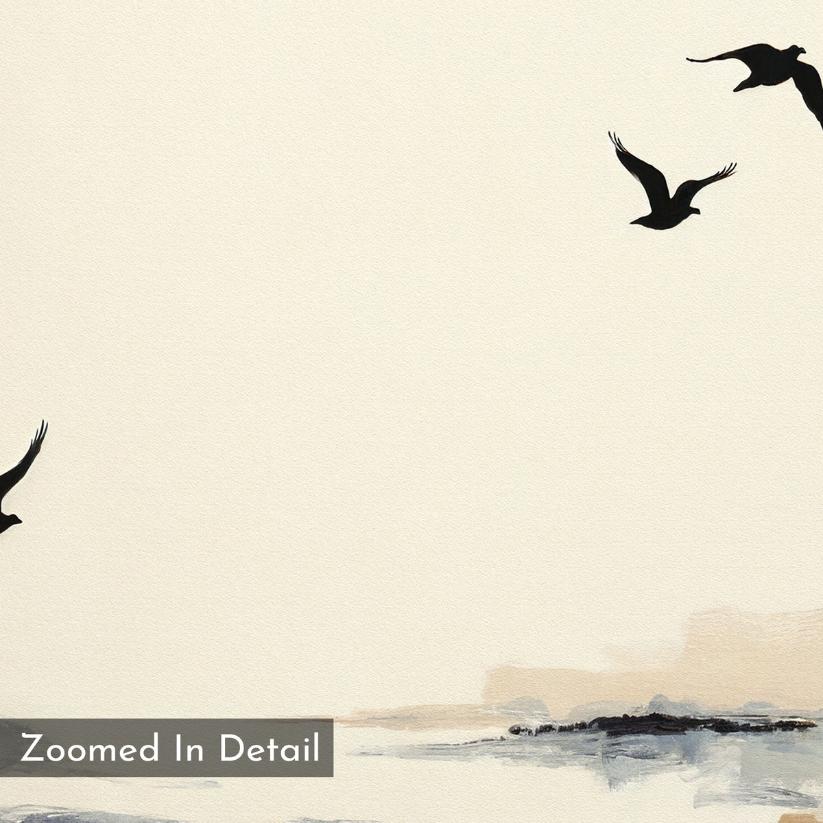 The Maritime Flight Canvas Art - Square features four black birds soaring above a soft watercolor seascape in muted earth tones. With an empty background and "Zoomed In Detail" label at the lower left, it's ideal coastal wall decor.