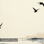 The Maritime Flight Canvas Art - Square features four black birds soaring above a soft watercolor seascape in muted earth tones. With an empty background and "Zoomed In Detail" label at the lower left, it's ideal coastal wall decor.