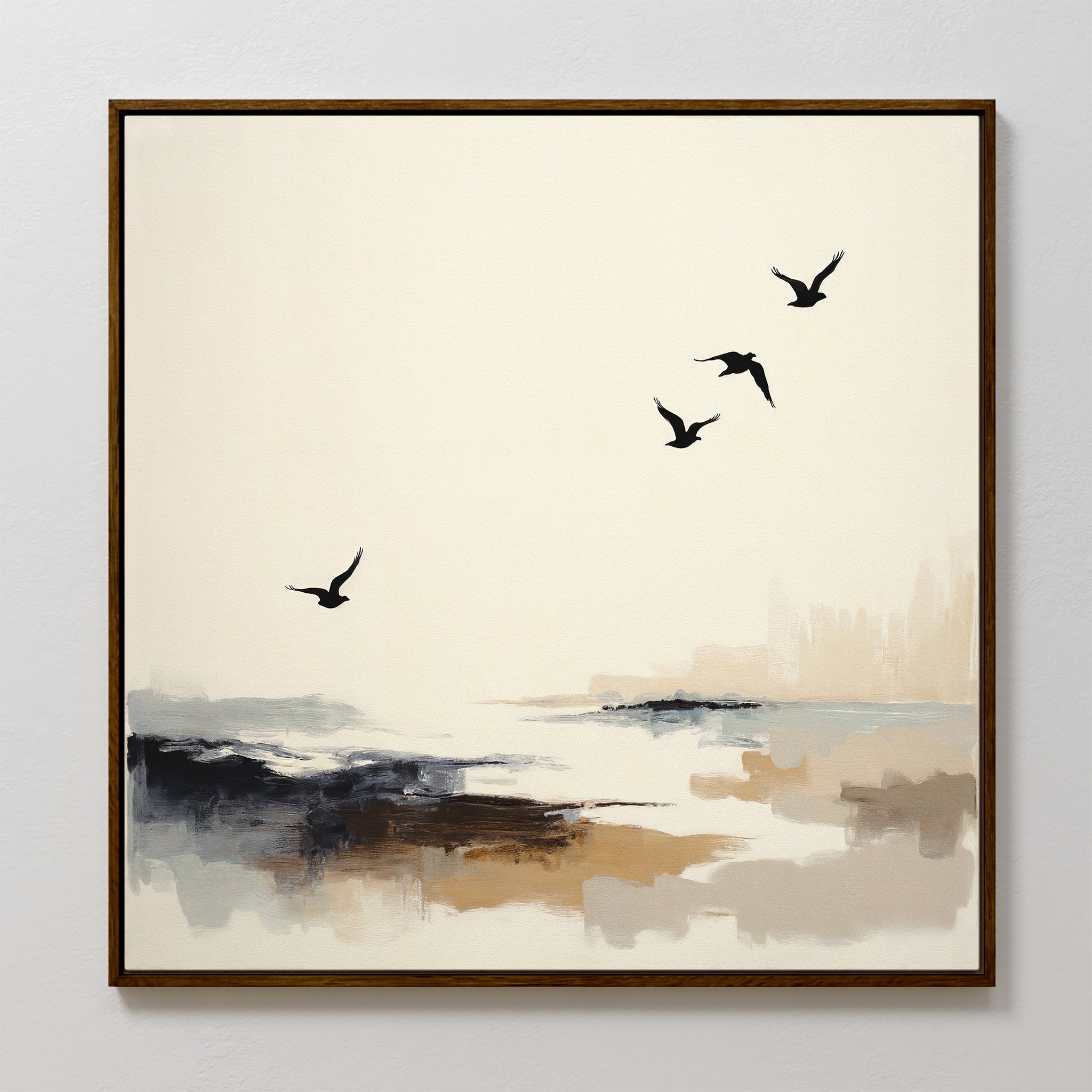 The Maritime Flight Canvas Art - Square features four birds soaring over a muted beige and gray abstract landscape, bringing a serene coastal vibe and calming nautical decor to your space.