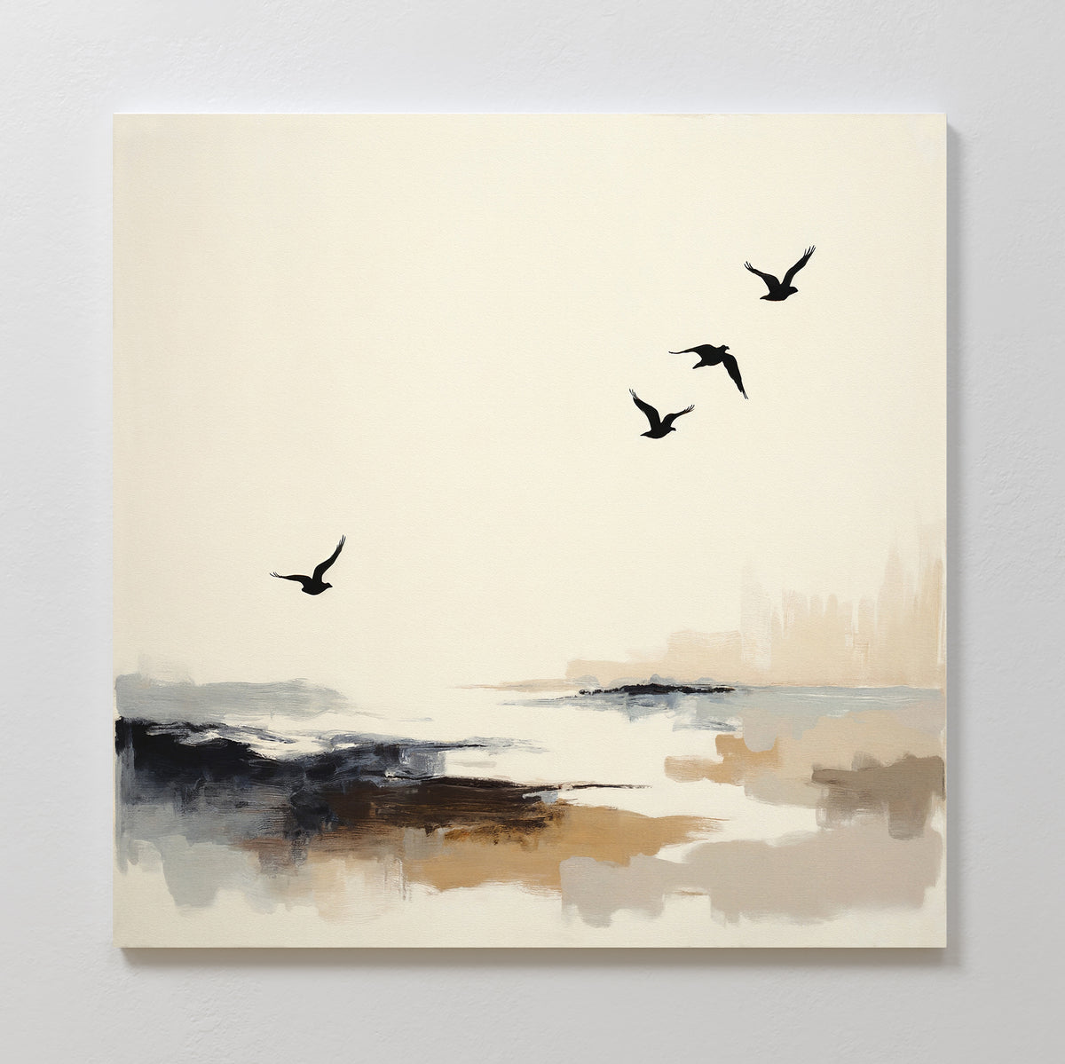 The Maritime Flight Canvas Art - Square features four black birds flying over an abstract landscape in soft beige, brown, and gray tones—ideal coastal wall art for adding calm and serenity to any space.