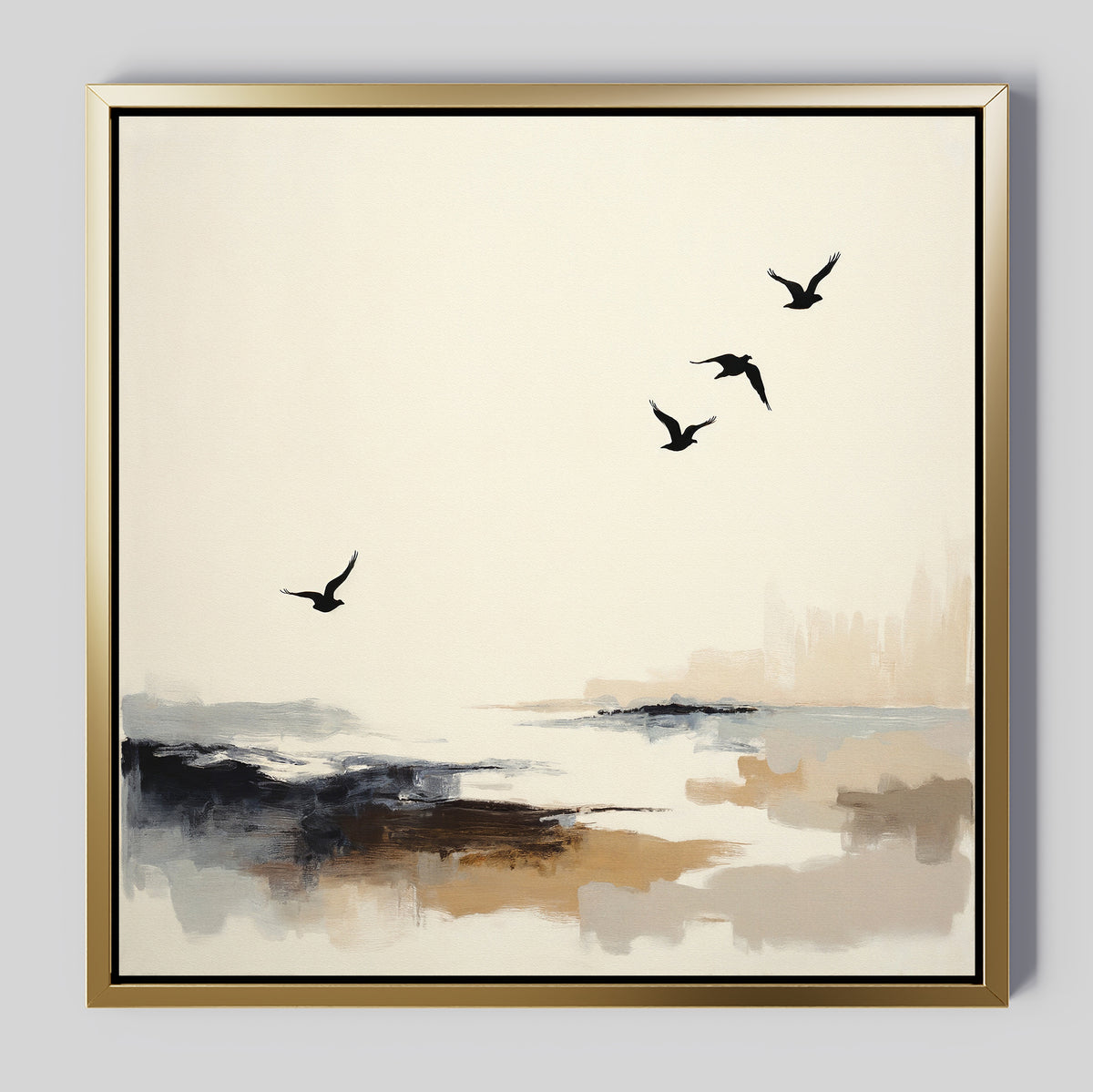 Maritime Flight Canvas Art - Square features four black birds soaring above an abstract, soft beige and gray landscape with gentle brushstrokes, creating a tranquil seascape that’s ideal for nautical decor in any space.