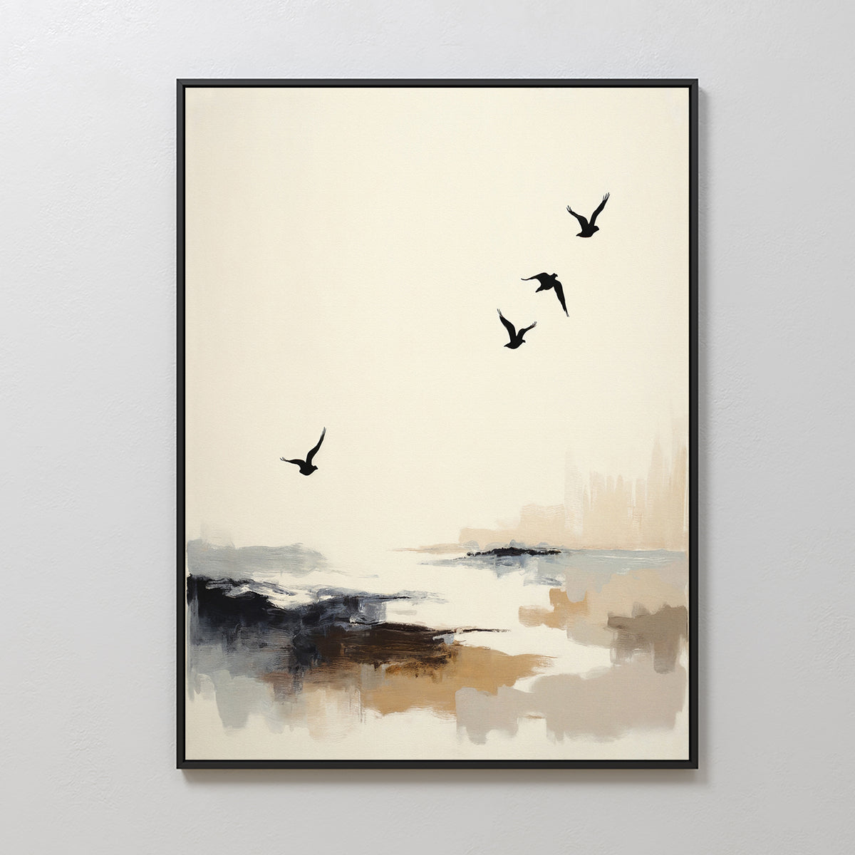 The Maritime Flight Canvas Art - Vertical features four black birds soaring over an abstract beige, gray, and black landscape, making it perfect coastal decor that brings a calm, serene vibe to any space.