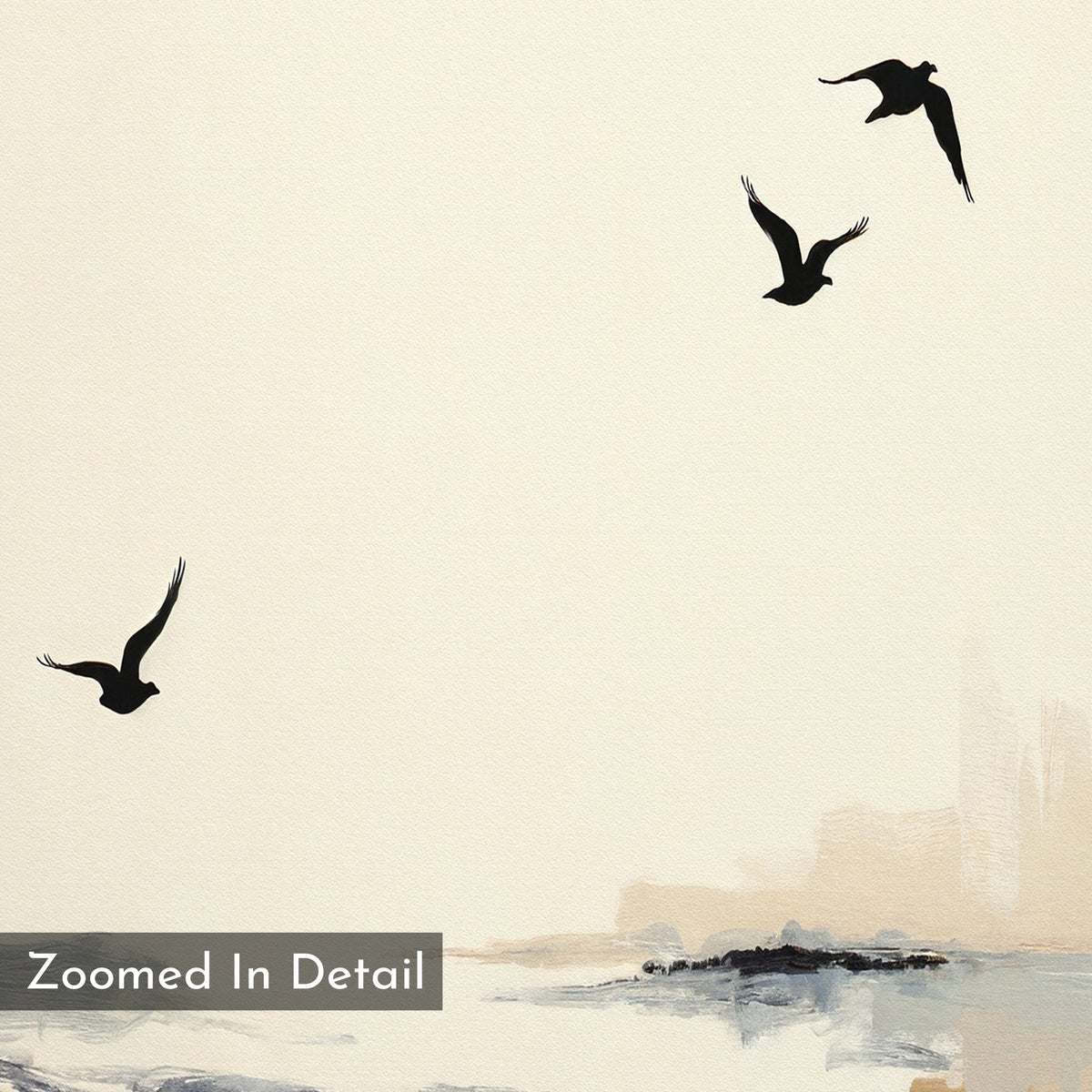 Minimalist Maritime Flight Canvas Art - Vertical features three black birds flying over a calm, abstract seascape in neutral tones. With soft, blurred brushstrokes, it evokes a serene mood. Text on print: "Zoomed In Detail." Perfect nautical wall art.