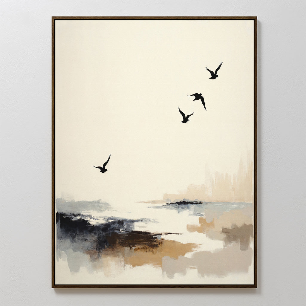 Maritime Flight Canvas Art - Vertical features four birds soaring above an abstract coastal landscape in soft beige, brown, and black tones. Finished with a thin dark frame, this décor piece brings serene marsh vibes to any room.