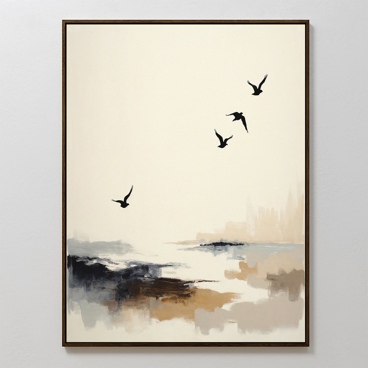 Maritime Flight Canvas Art - Vertical features four birds soaring above an abstract coastal landscape in soft beige, brown, and black tones. Finished with a thin dark frame, this décor piece brings serene marsh vibes to any room.
