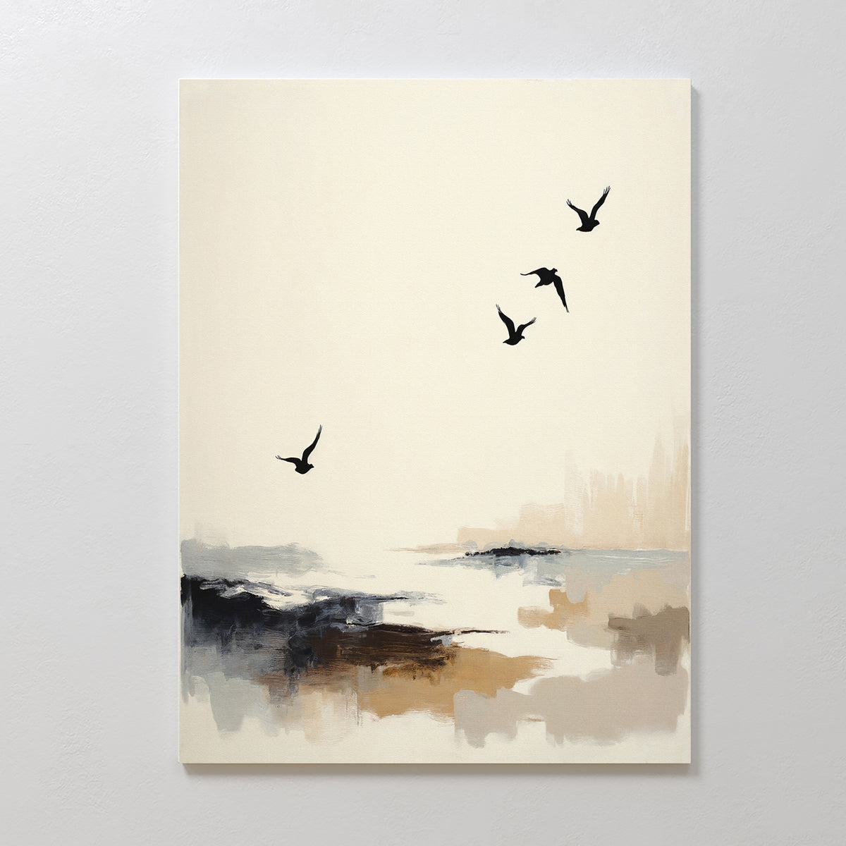 Maritime Flight Canvas Art - Vertical depicts four birds soaring above a misty, neutral-toned landscape with blurred shapes, evoking tranquil coastal vibes—ideal seascape wall decor for a serene and modern space.