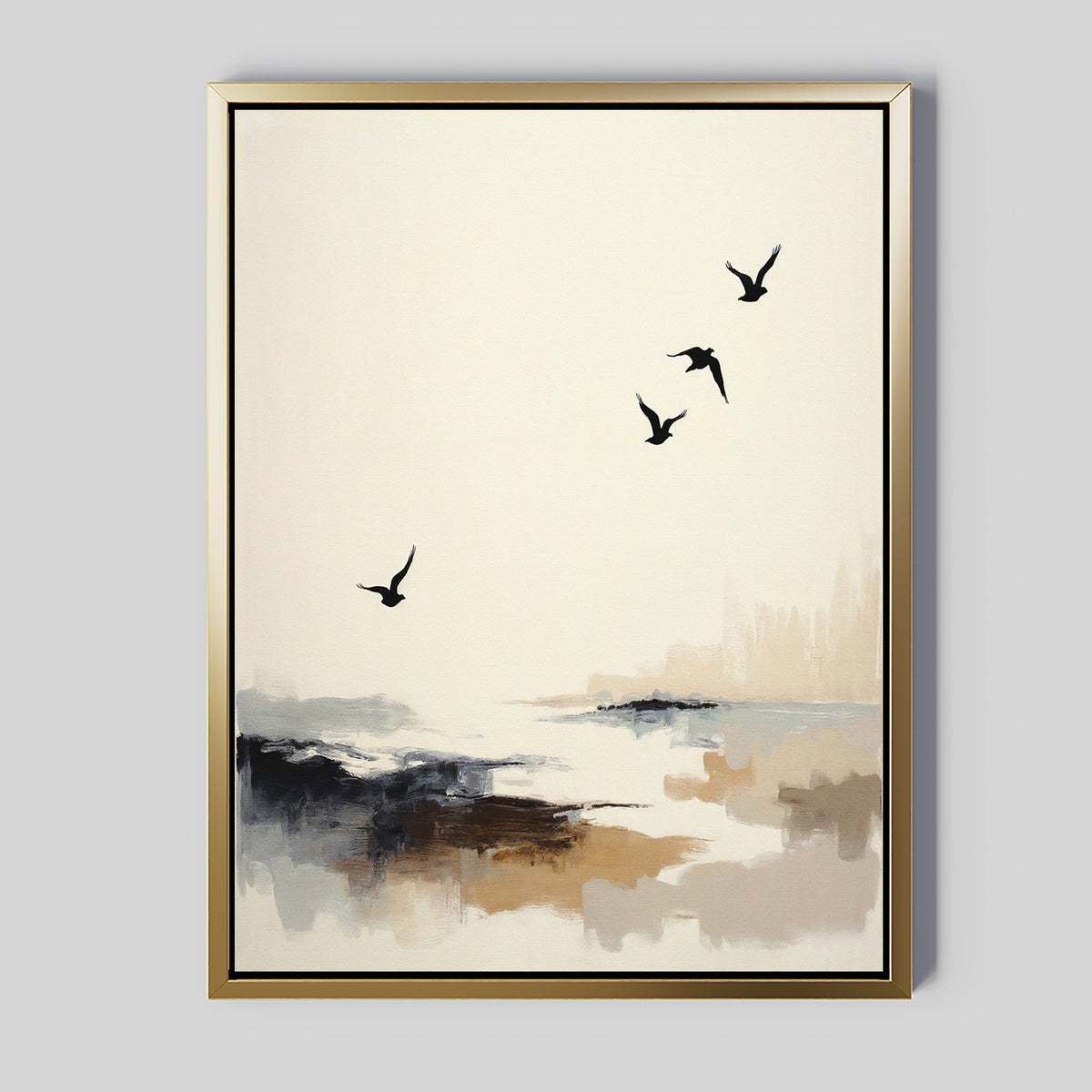 The Maritime Flight Canvas Art - Vertical features four birds soaring above an abstract coastal landscape, framed in gold with muted black, beige, and brown tones on a light background for a minimalist look.