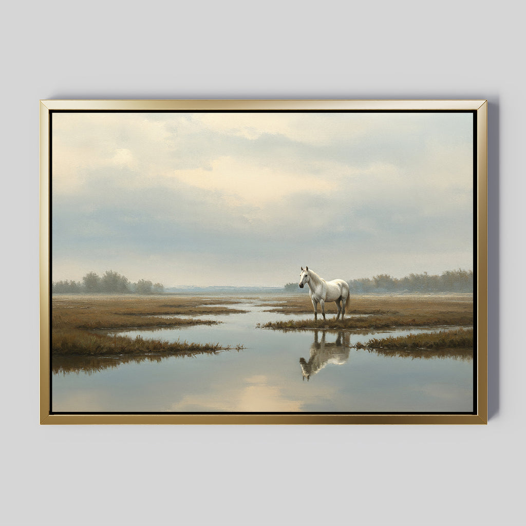 The Marsh Reflection Canvas Art - Horizontal shows a tranquil white horse in a marsh, its image mirrored in still water beneath a cloudy sky, with distant trees capturing the calm beauty of a Nordic park.
