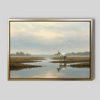 The Marsh Reflection Canvas Art - Horizontal shows a tranquil white horse in a marsh, its image mirrored in still water beneath a cloudy sky, with distant trees capturing the calm beauty of a Nordic park.