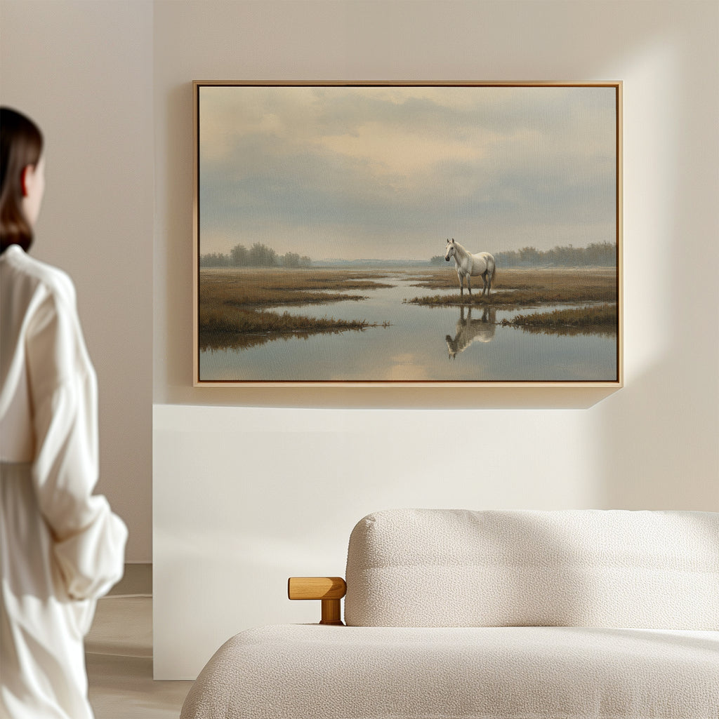 A person stands in a softly lit room, admiring the Marsh Reflection Canvas Art - Horizontal. The tranquil landscape adds serenity, while a beige sofa in the foreground brings warmth to the peaceful scene.