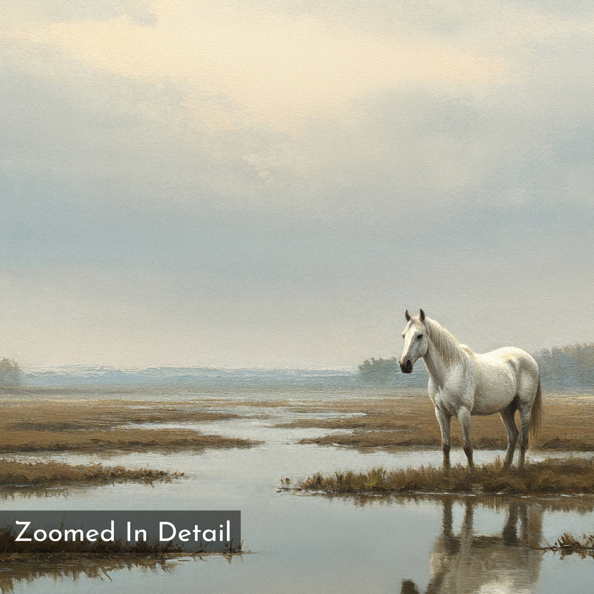 A white horse stands in a marshy field by a reflective stream under cloudy skies, with distant trees on the horizon. "Zoomed In Detail" is in the lower left of this Marsh Reflection Canvas Art - Horizontal landscape print.