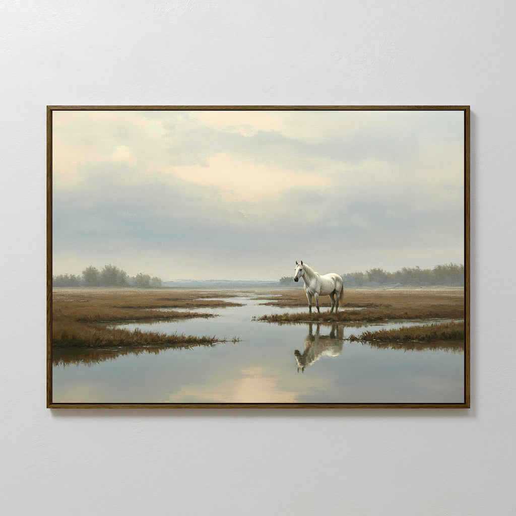 The Marsh Reflection Canvas Art - Horizontal features a tranquil white horse standing in a shallow marsh, its reflection shimmering under a cloudy sky with distant trees, evoking the peaceful ambiance of a Nordic Park landscape.
