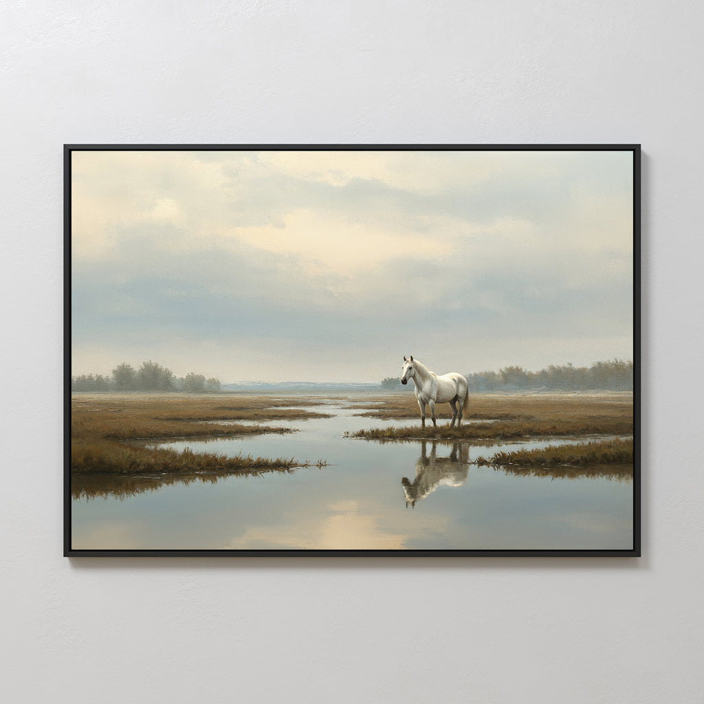 The Marsh Reflection Canvas Art - Horizontal displays a serene white horse standing in a Nordic marsh, its reflection mirrored in still water beneath a cloudy sky with distant trees and soft, muted tones.