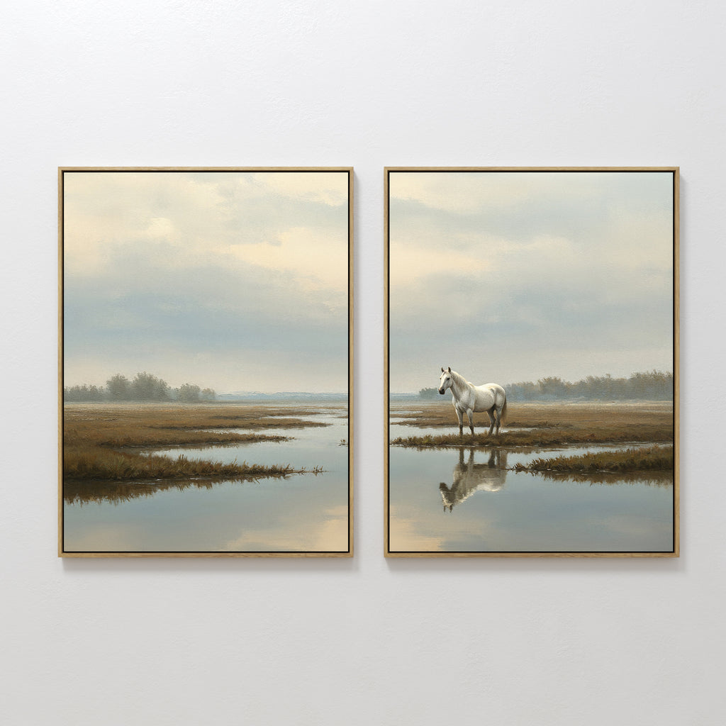 The "Marsh Reflection - Set Of 2" features framed prints of serene marsh landscapes; one artwork highlights a white horse standing in shallow water, its reflection visible beneath a cloudy sky.