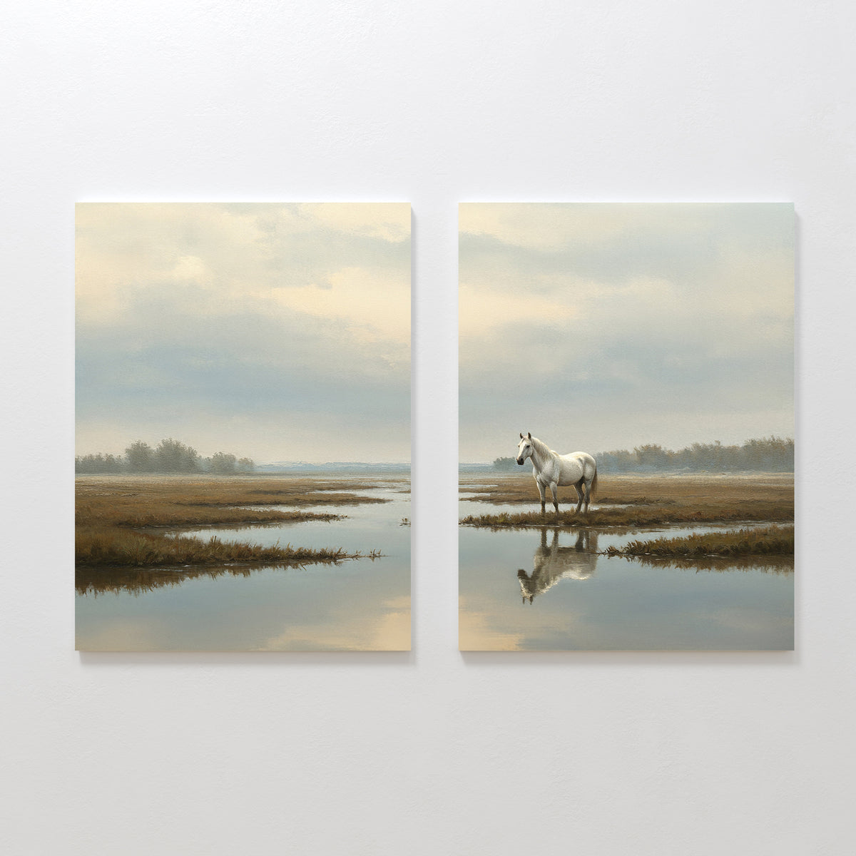 The Marsh Reflection - Set Of 2 canvas prints features a serene white horse in calm water, with a cloudy sky and marsh grass evoking Nordic park tranquility across both seamlessly connected canvases.