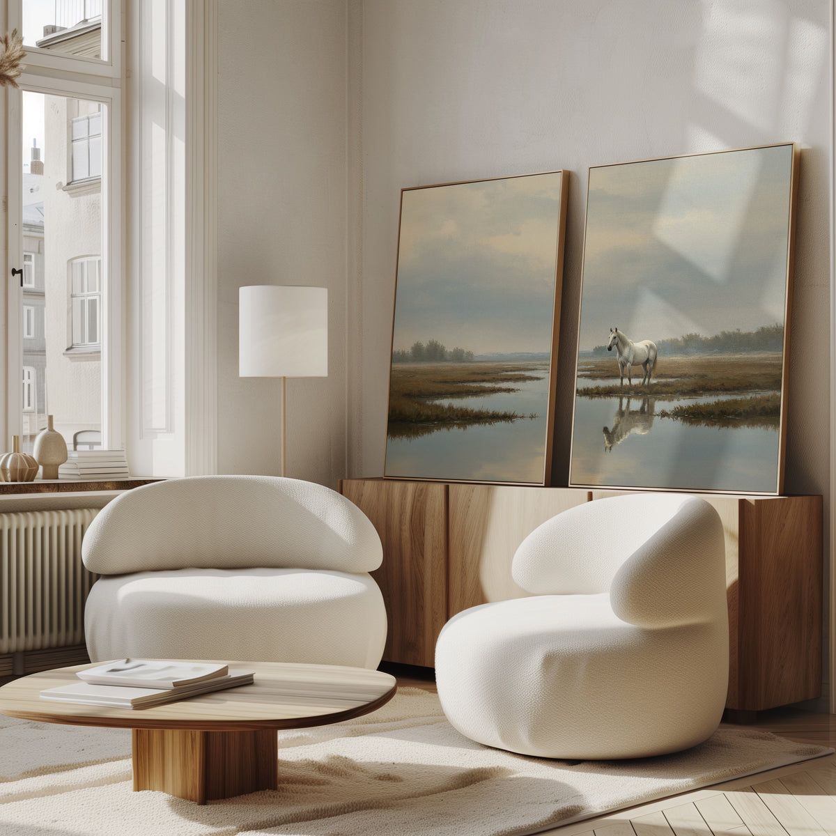 A modern living room features two round, white armchairs, a low wooden coffee table, and the Marsh Reflection - Set Of 2 artwork leaning on a wooden sideboard. Sunlight from tall windows creates a calm Nordic Park-inspired atmosphere.