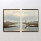 The Marsh Reflection - Set Of 2 features serene landscape prints with calm water, grassy marshland, and a cloudy sky; the right print displays a white horse near the water with its reflection—ideal for Nordic Park-inspired decor.