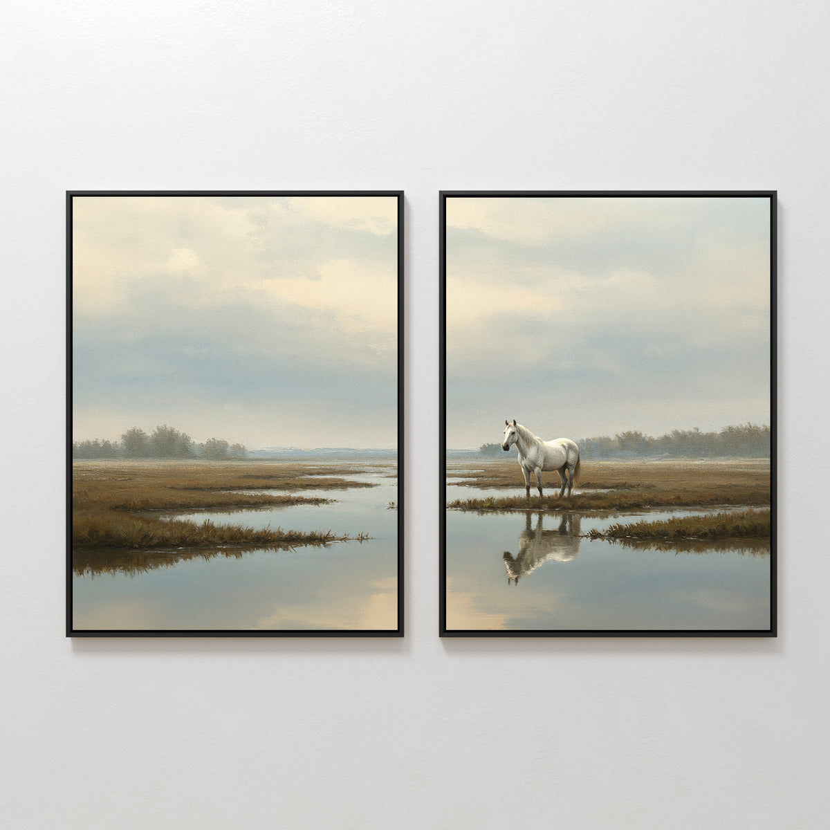 The Marsh Reflection - Set Of 2 features framed prints of serene Nordic park landscapes with cloudy skies, calm water, grassy marshland, and a white horse by the water's edge, its reflection shimmering on the surface.