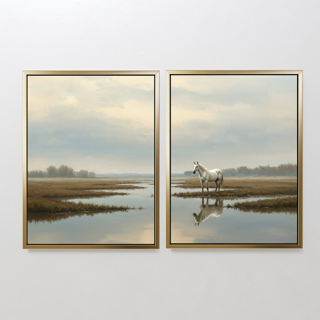 The Marsh Reflection - Set Of 2 features two framed prints: one depicts a serene marsh landscape, while the other showcases Nordic Park-inspired white horses standing in tranquil water, both displayed side by side on a white wall.