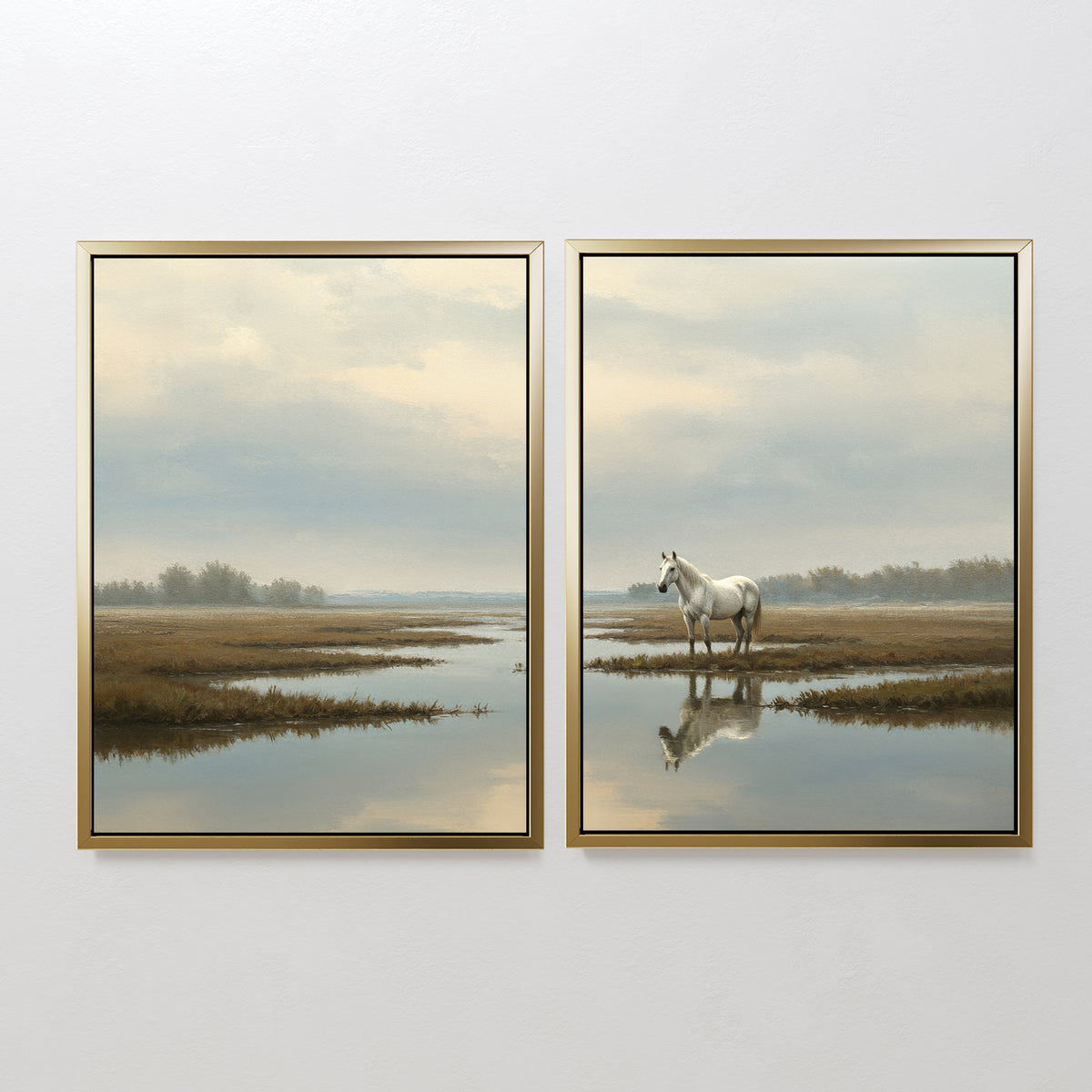 The Marsh Reflection - Set Of 2 features two framed prints: one depicts a serene marsh landscape, while the other showcases Nordic Park-inspired white horses standing in tranquil water, both displayed side by side on a white wall.