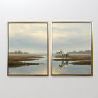The Marsh Reflection - Set Of 2 features two framed prints: one depicts a serene marsh landscape, while the other showcases Nordic Park-inspired white horses standing in tranquil water, both displayed side by side on a white wall.