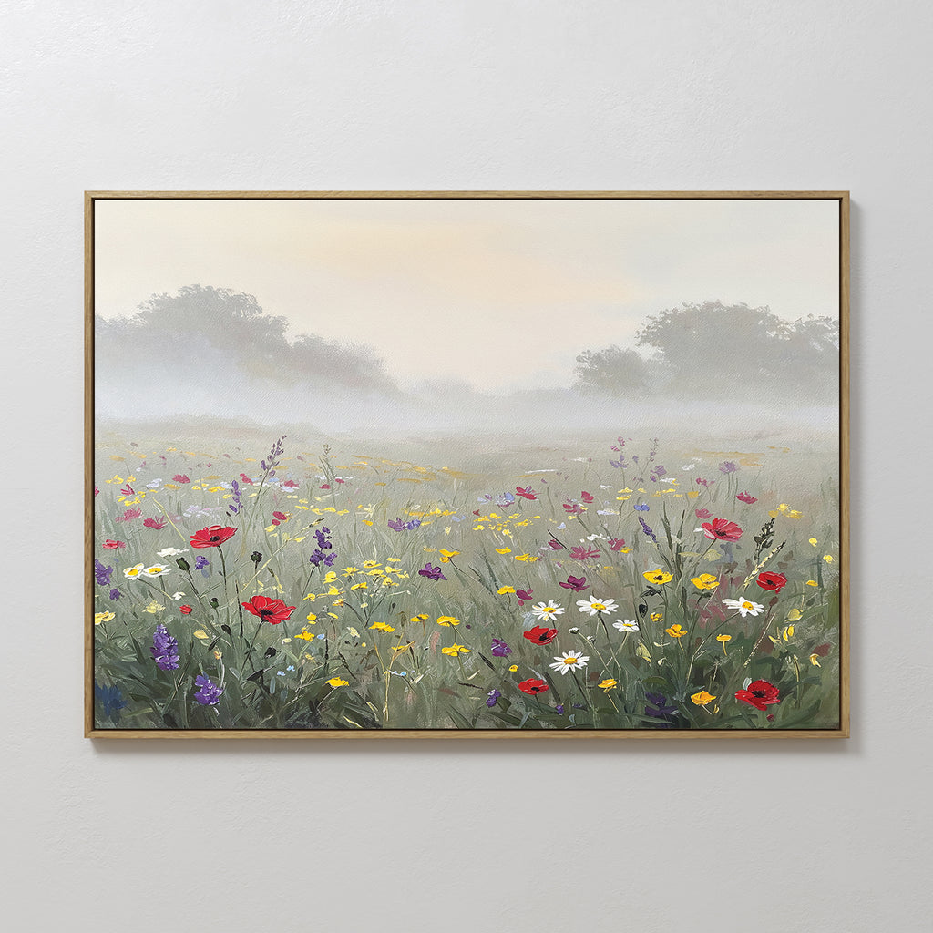 Bring tranquility to your space with Meadow Dreams Canvas Art - Horizontal, featuring a framed wildflower landscape of red poppies, white daisies, yellow blooms, and hazy trees for serene Nordic Park-inspired decor.