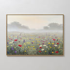Bring tranquility to your space with Meadow Dreams Canvas Art - Horizontal, featuring a framed wildflower landscape of red poppies, white daisies, yellow blooms, and hazy trees for serene Nordic Park-inspired decor.