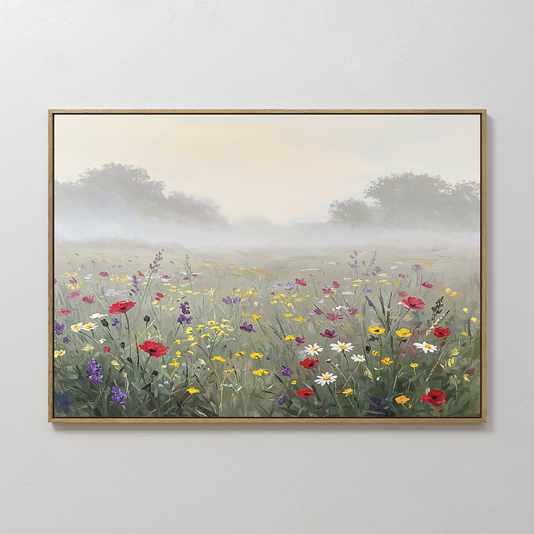 Bring tranquility to your space with Meadow Dreams Canvas Art - Horizontal, featuring a framed wildflower landscape of red poppies, white daisies, yellow blooms, and hazy trees for serene Nordic Park-inspired decor.