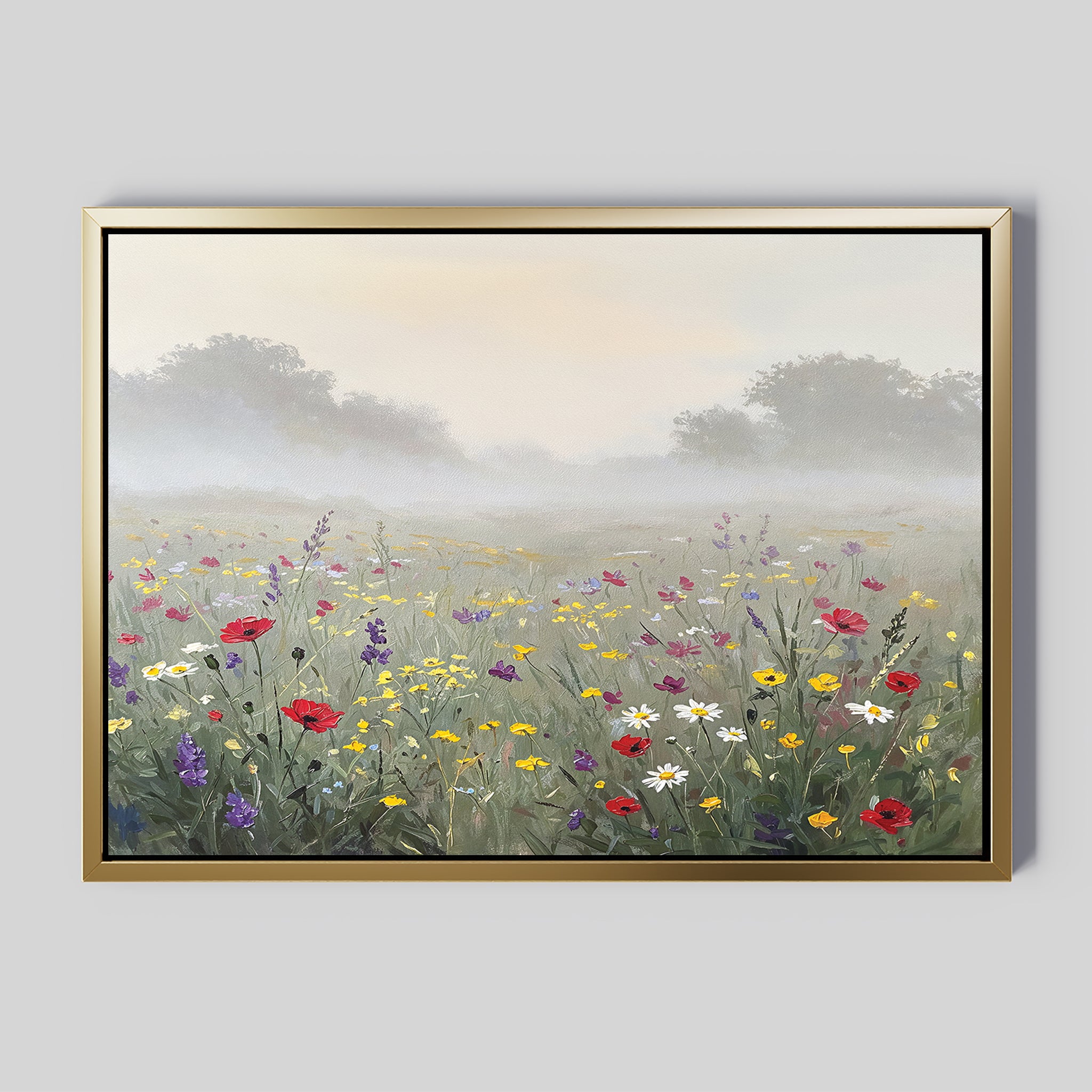 Meadow Dreams Canvas Art - Horizontal depicts a serene meadow with colorful wildflowers, green grass, misty sky, soft sunlight, and distant trees fading into fog—perfect framed wall art for adding tranquility to any space.