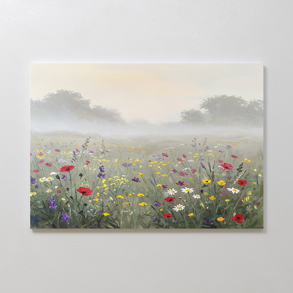 Meadow Dreams Canvas Art - Horizontal captures a wildflower meadow with daisies and poppies, set in a misty Nordic park with distant trees and a pale sky—perfect as wall art for any space.